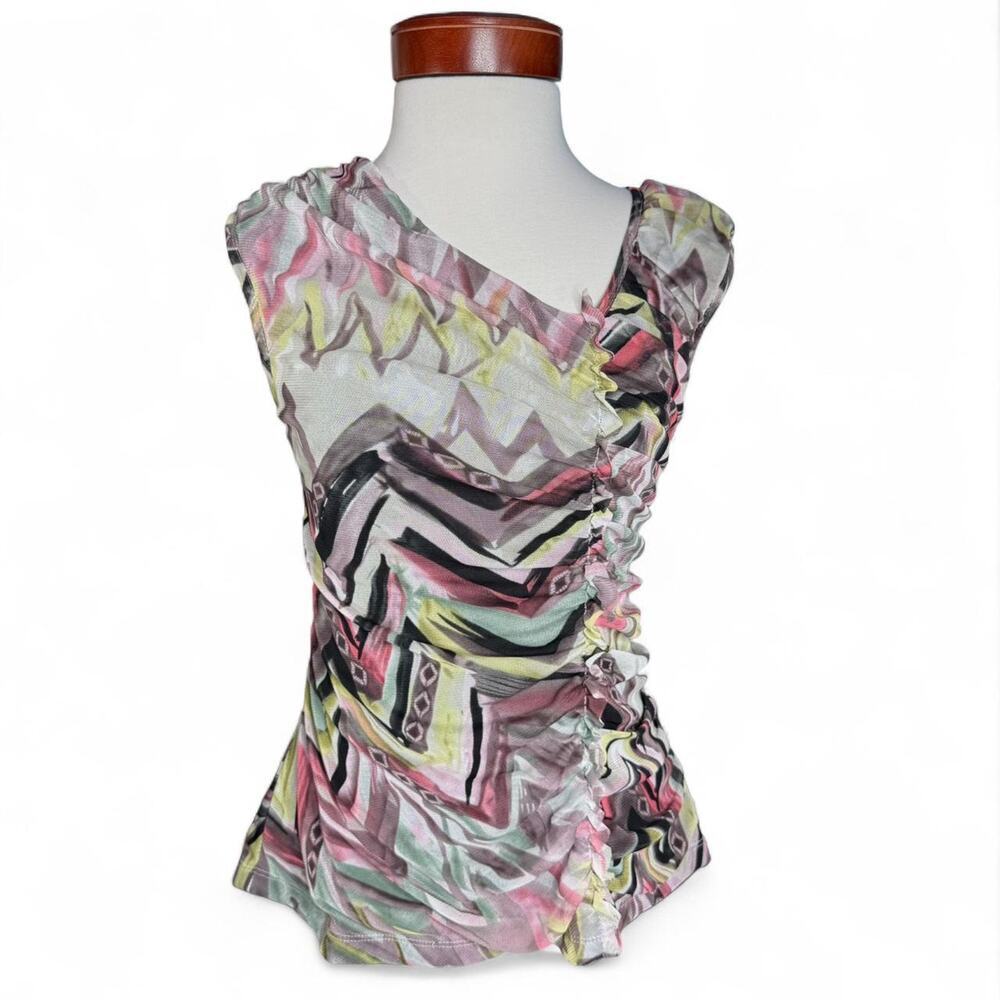 Y2K Abstract Mesh Ruched Top – Asymmetrical‎ Sleeveless Blouse - Fits a Small